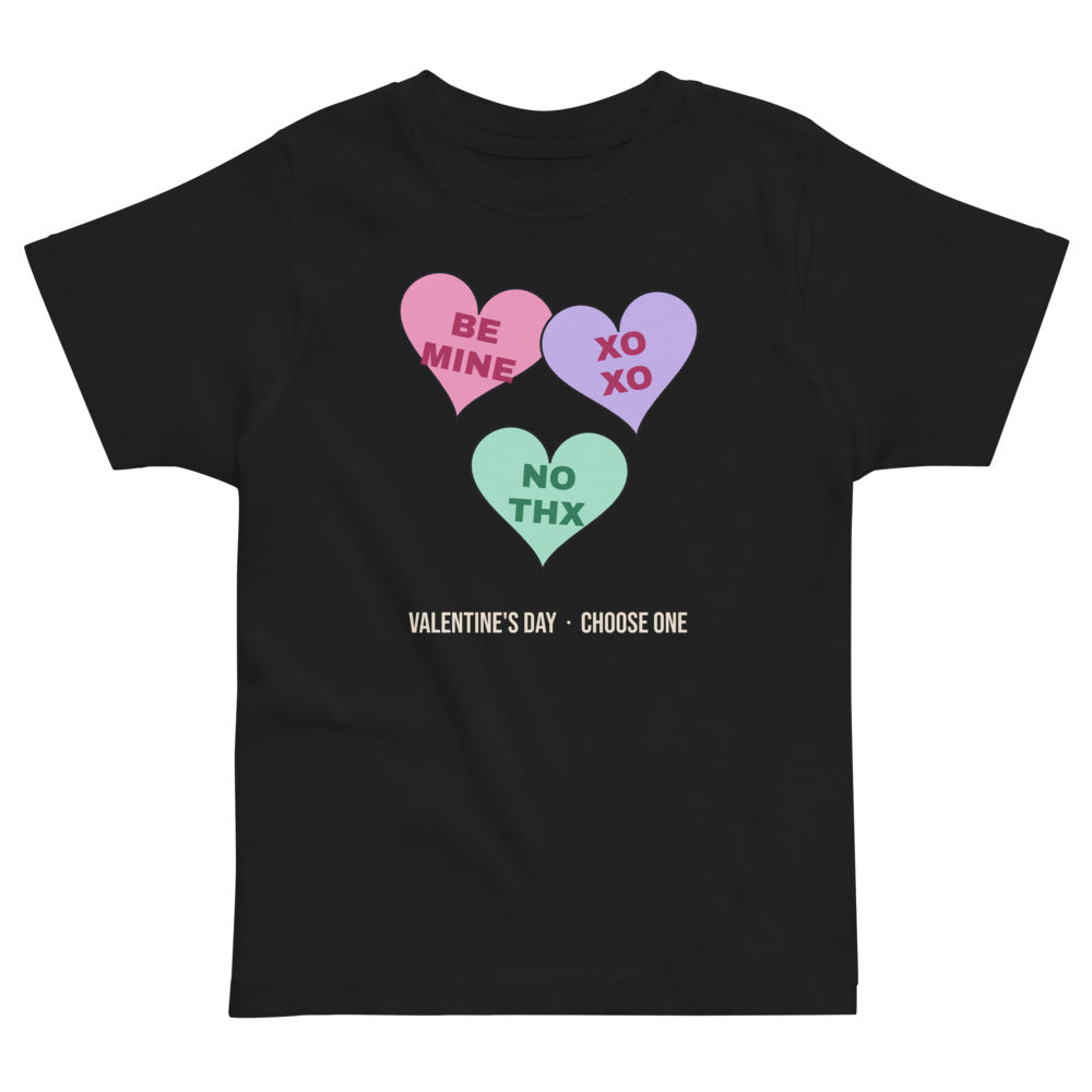 Candy Heart Mood Toddler Tee in black, mockup of the design printed on the front of the toddler tee