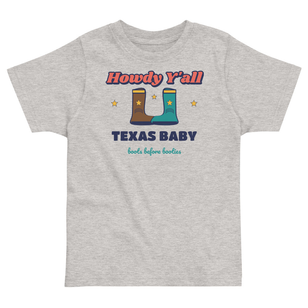 Howdy Y'all Texas Baby Toddler Tee in heather, mockup of the design printed on the front of the toddler tee