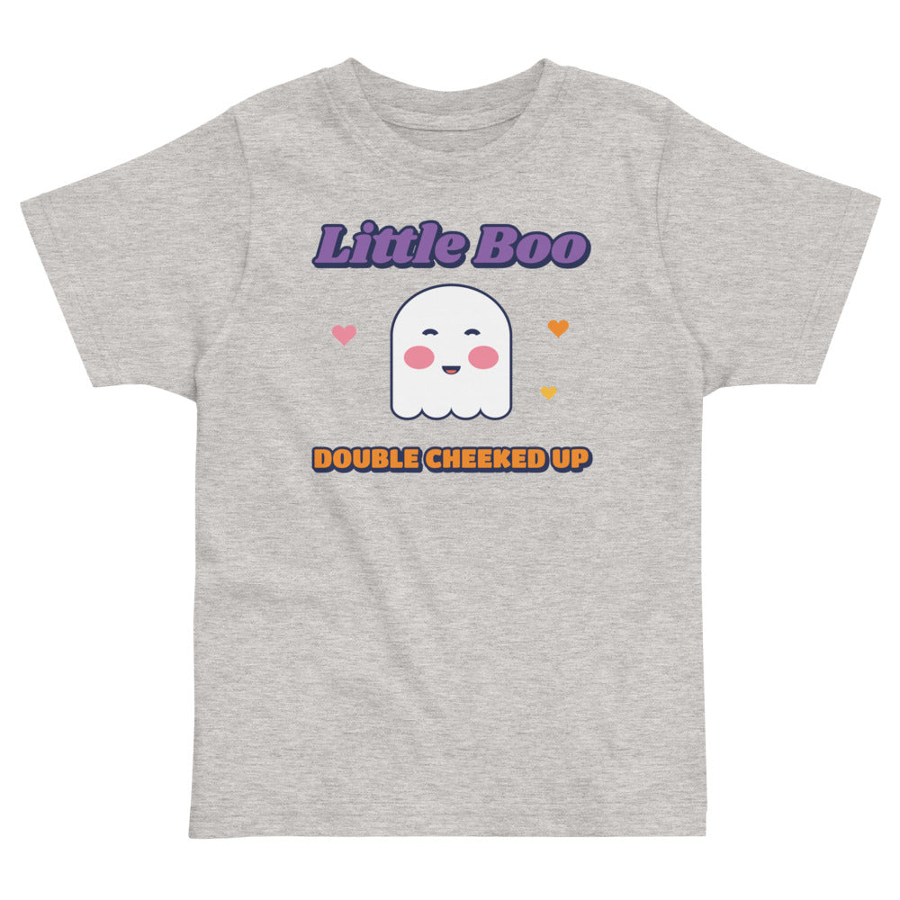 Double Cheeked Up Little Boo Toddler Tee in heather, mockup of the design printed on the front of the toddler tee