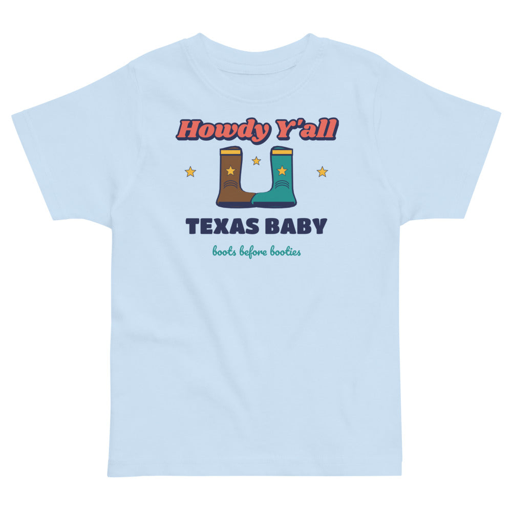 Howdy Y'all Texas Baby Toddler Tee in light blue, mockup of the design printed on the front of the toddler tee