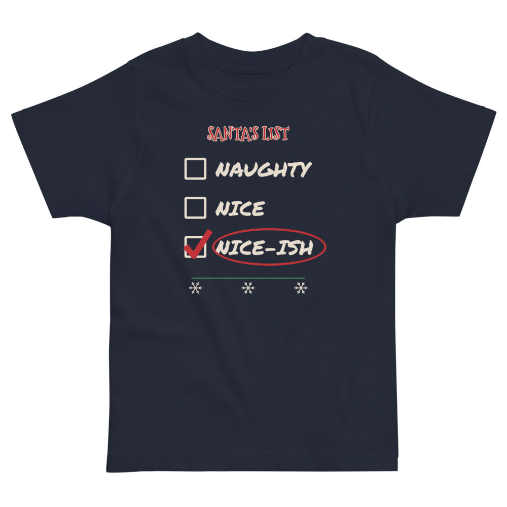 Nice-ish Toddler Tee in navy, mockup of the design printed on the front of the toddler tee