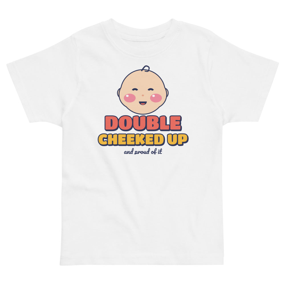 Double Cheeked Up Baby Face Toddler Tee in white, mockup of the design printed on the front of the toddler tee