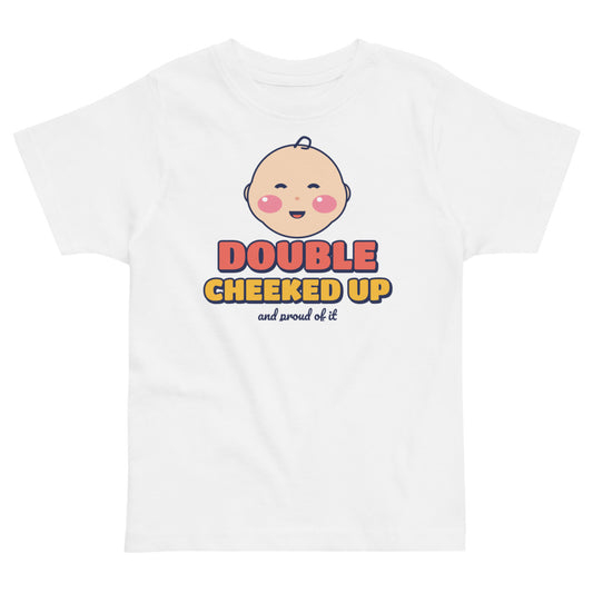 Double Cheeked Up Baby Face Toddler Tee in white, mockup of the design printed on the front of the toddler tee