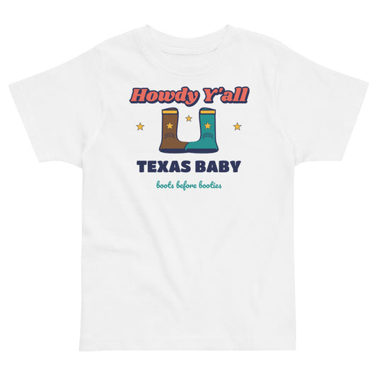 Howdy Y'all Texas Baby Toddler Tee in white, mockup of the design printed on the front of the toddler tee