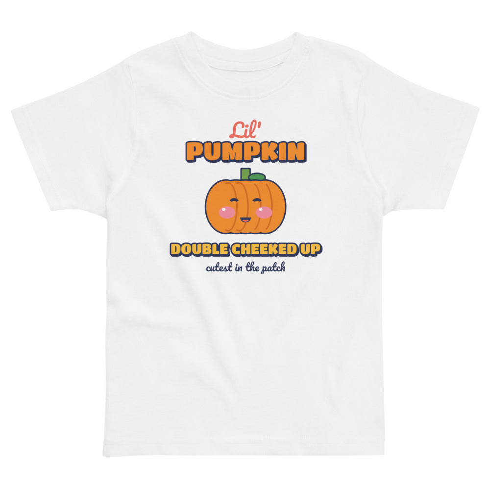 Double Cheeked Up Lil' Pumpkin Toddler Tee in white, mockup of the design printed on the front of the toddler tee
