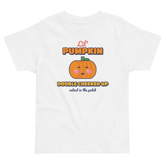 Double Cheeked Up Lil' Pumpkin Toddler Tee in white, mockup of the design printed on the front of the toddler tee