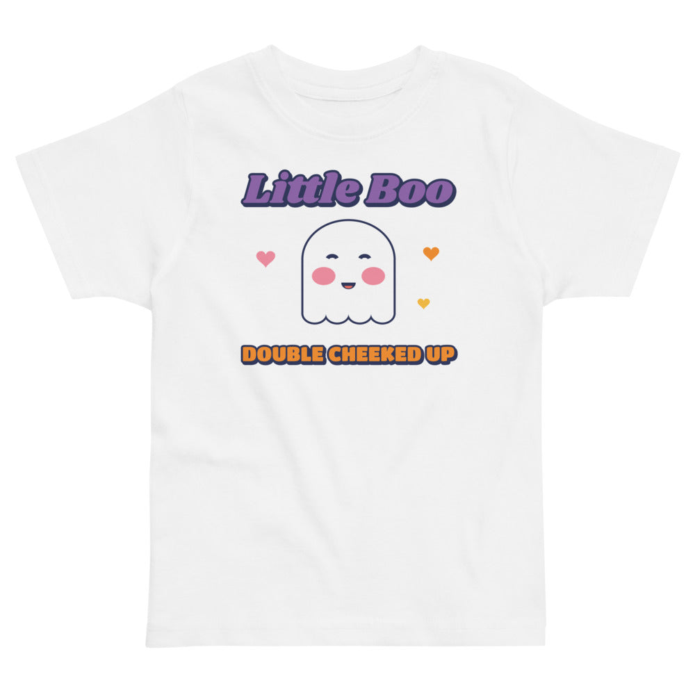 Double Cheeked Up Little Boo Toddler Tee in white, mockup of the design printed on the front of the toddler tee