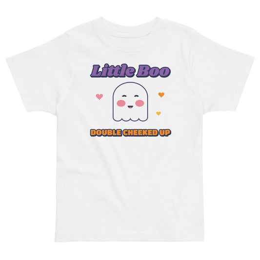 Double Cheeked Up Little Boo Toddler Tee in white, mockup of the design printed on the front of the toddler tee