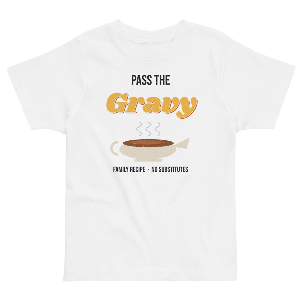 Pass the Gravy Toddler Tee in white, mockup of the design printed on the front of the toddler tee
