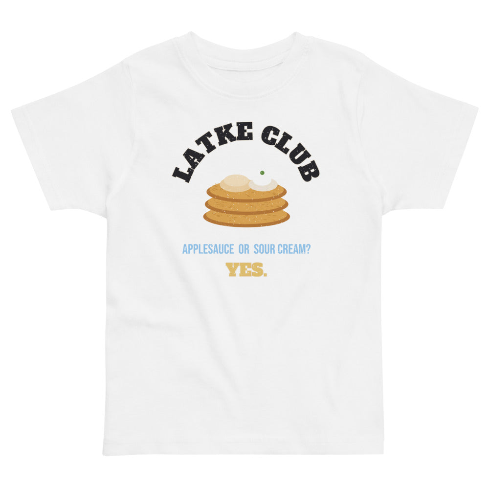 Latke Club Toddler Tee in white, mockup of the design printed on the front of the toddler tee