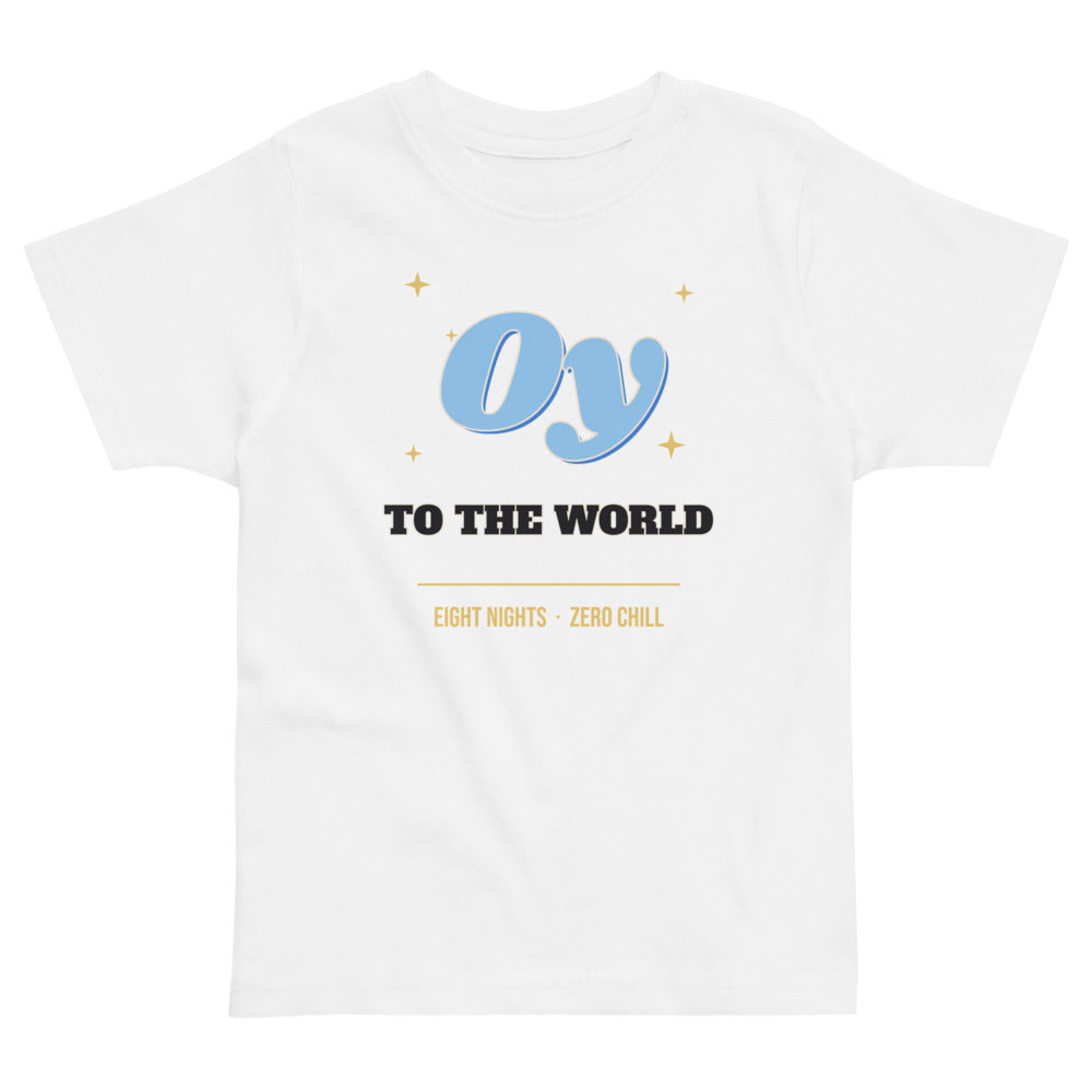 Oy to the World Toddler Tee in white, mockup of the design printed on the front of the toddler tee