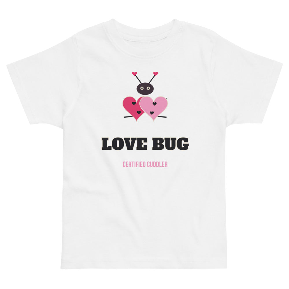 Love Bug Toddler Tee in white, mockup of the design printed on the front of the toddler tee