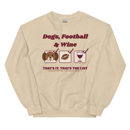 Dog Mom Football & Wine List Crewneck Sweatshirt in sand, front view