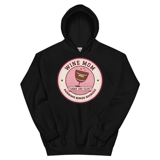 Wine Mom Game Day Club Unisex Hoodie in black, front view