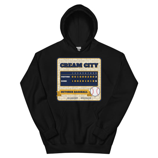 Cream City October Baseball Unisex Hoodie in black, front view