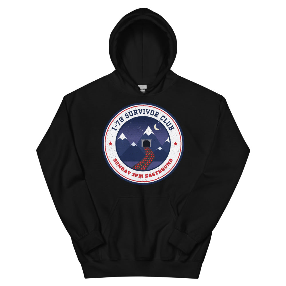 I-70 Survivor Club Unisex Hoodie in black, front view