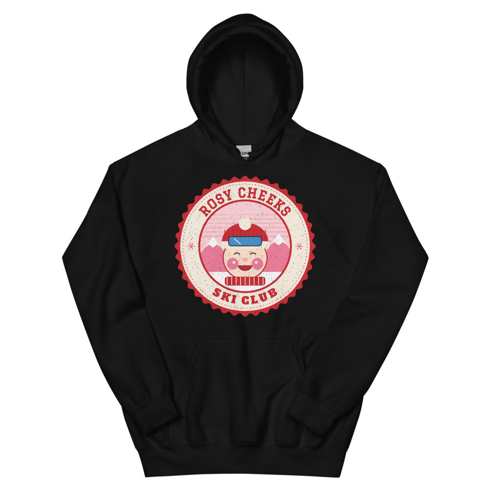 Rosy Cheeks Ski Club Unisex Hoodie in black, front view