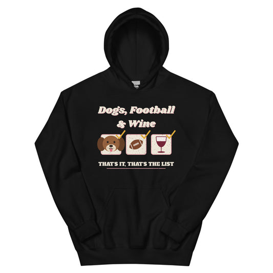 Dog Mom Football & Wine List Unisex Hoodie in black, front view