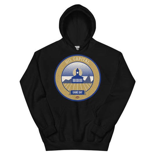 Art Deco Gold & Blue Game Day Hoodie in black, front