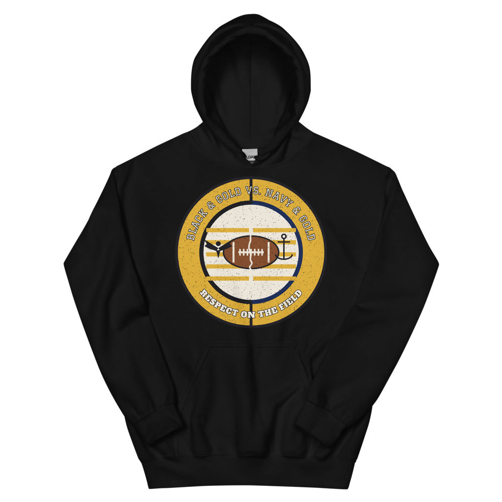 Black and Gold vs Navy and Gold Respect on the Field Football Hoodie in black, front