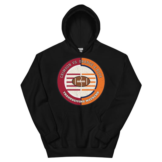 Crimson vs Orange and Blue Thanksgiving Weekend Football Hoodie in black, front