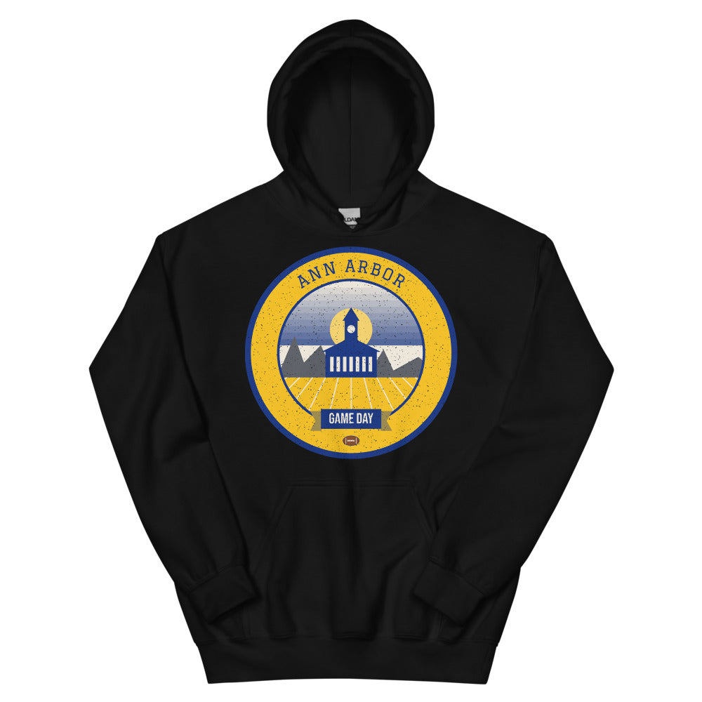 Golden Yellow & Deep Blue Game Day Hoodie in black, front