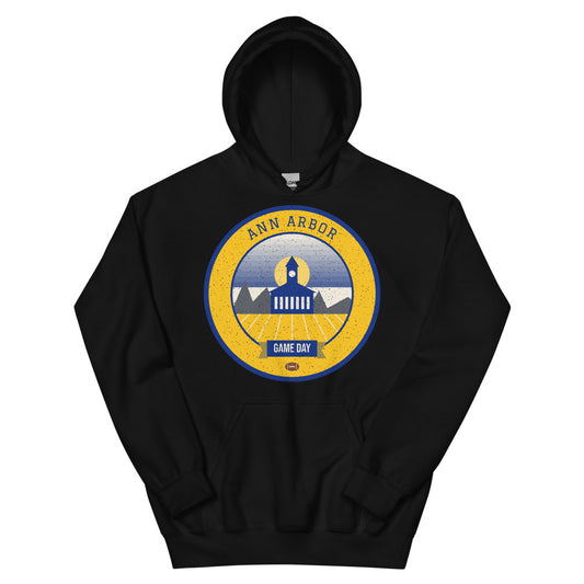 Golden Yellow & Deep Blue Game Day Hoodie in black, front