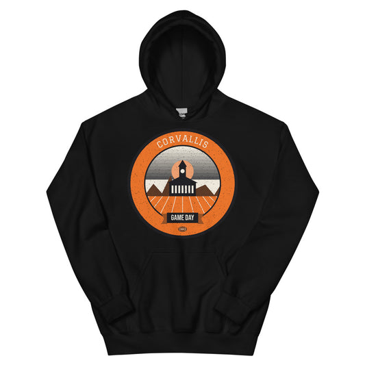 Orange & Black Covered Bridge Game Day Hoodie in black, front