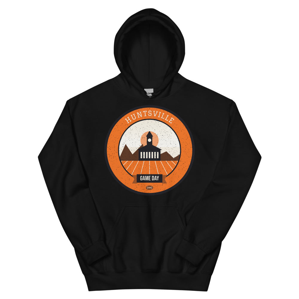 Orange Piney Woods Game Day Hoodie in black, front