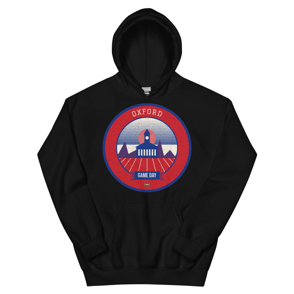 Red & Blue Courthouse Square Game Day Hoodie in black, front