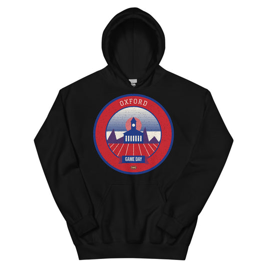 Red & Blue Courthouse Square Game Day Hoodie in black, front