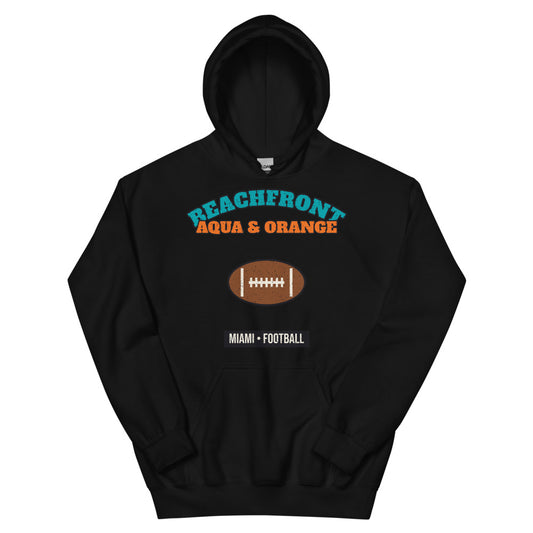 Beachfront Aqua & Orange Football Hoodie in black, front