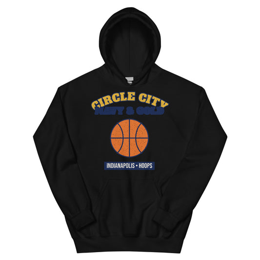 Circle City Navy & Gold Hoops Hoodie in black, front