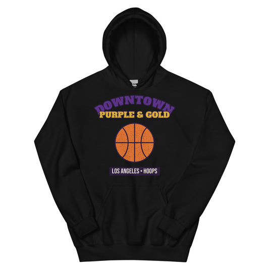 Downtown Purple & Gold Hoops Hoodie in black, front
