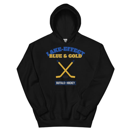 Lake-Effect Blue & Gold Hockey Hoodie in black, front
