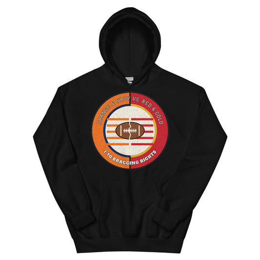 Orange and Navy vs Red and Gold I-70 Bragging Rights Football Hoodie in black, front