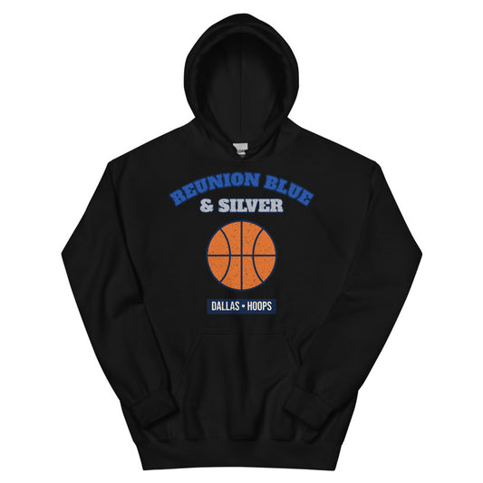 Reunion Blue & Silver Hoops Hoodie in black, front