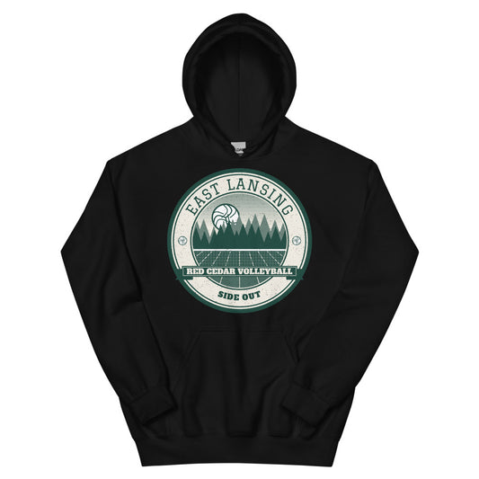 East Lansing Red Cedar Volleyball Hoodie in black, front