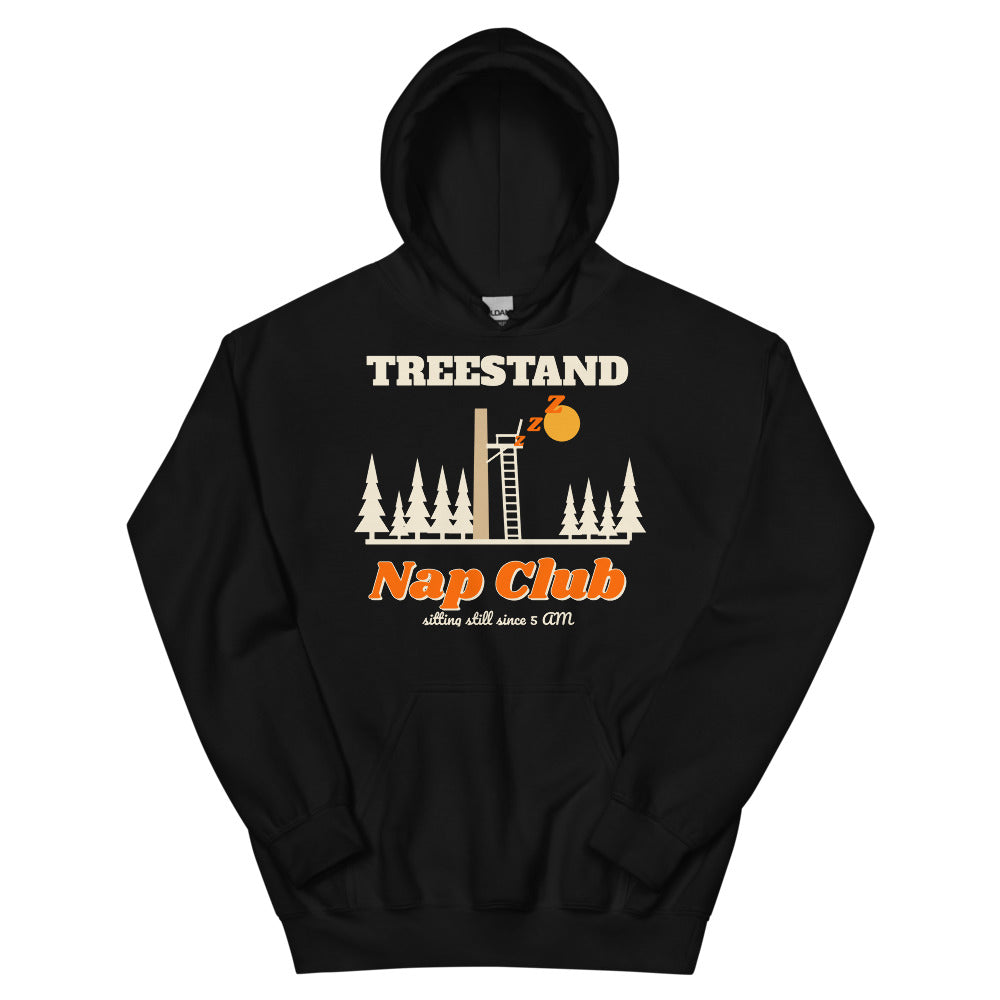 Treestand Nap Club Unisex Hoodie in black, design printed on the front, front view