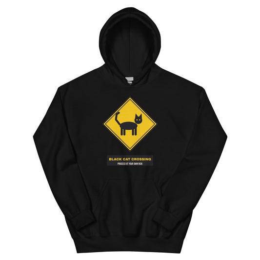 Black Cat Crossing Unisex Hoodie in black, design printed on the front, front view