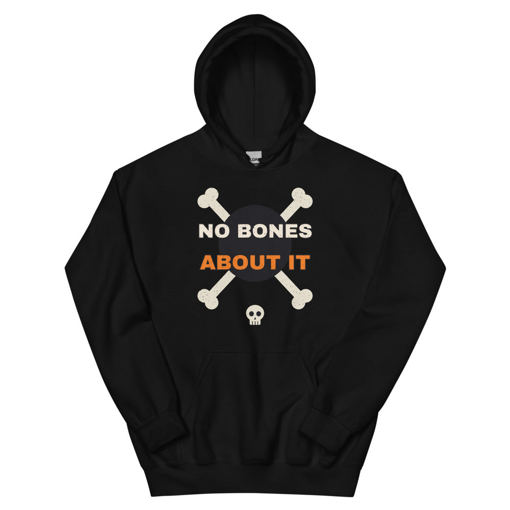 No Bones About It Unisex Hoodie in black, design printed on the front, front view