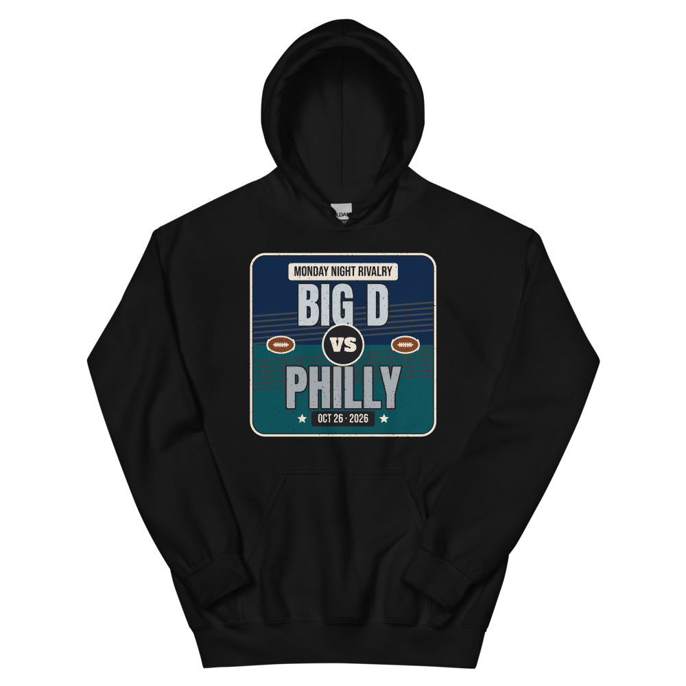 Big D vs. Philly Rivalry 2026 Unisex Hoodie in black, design printed on the front, front view