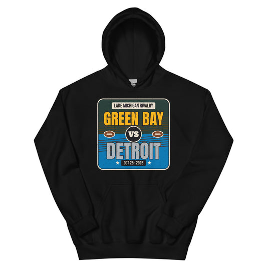 Green Bay vs. Detroit Rivalry 2026 Unisex Hoodie in black, design printed on the front, front view