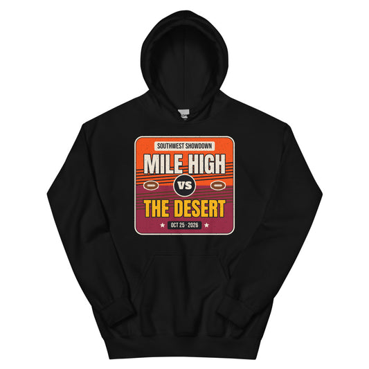 Mile High vs. The Desert Showdown 2026 Unisex Hoodie in black, design printed on the front, front view