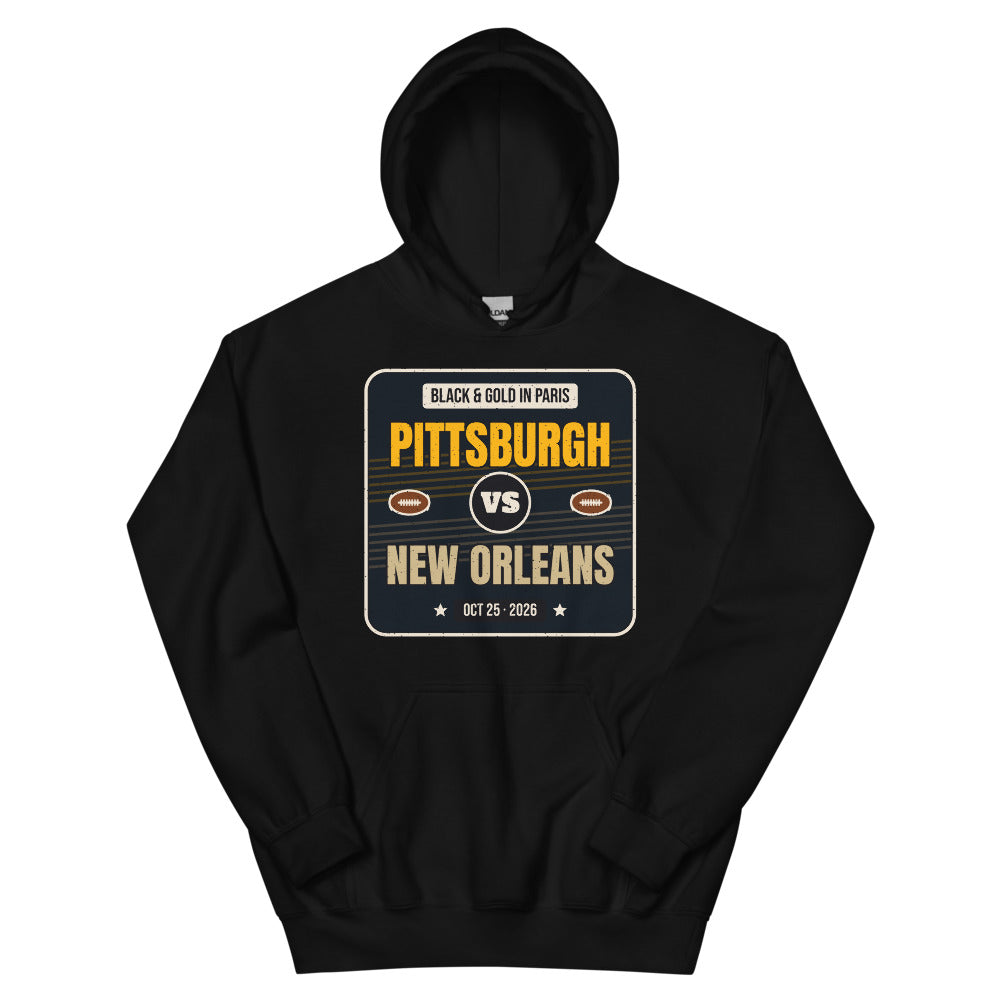 Pittsburgh vs. New Orleans Paris Game 2026 Unisex Hoodie in black, design printed on the front, front view