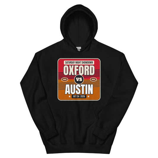 Oxford vs. Austin Showdown 2026 Unisex Hoodie in black, design printed on the front, front view