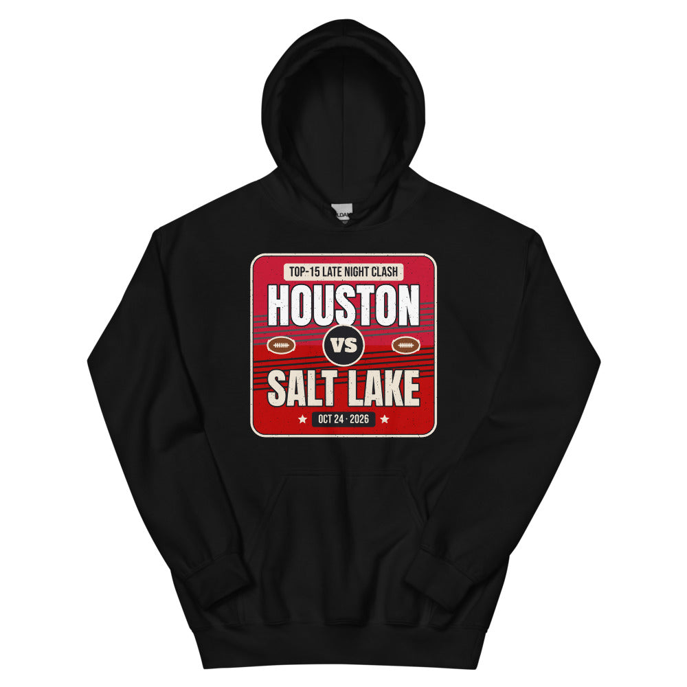 Houston vs. Salt Lake Showdown 2026 Unisex Hoodie in black, design printed on the front, front view