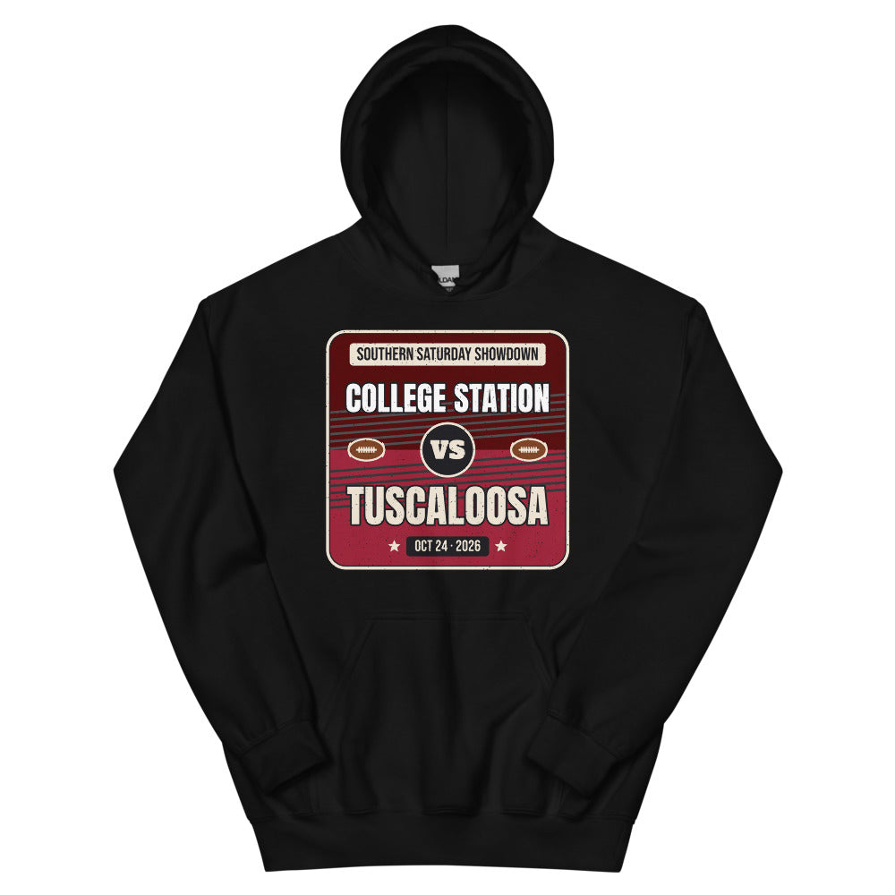 College Station vs. Tuscaloosa Showdown 2026 Unisex Hoodie in black, design printed on the front, front view