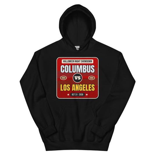Columbus vs. Los Angeles Halloween Night 2026 Unisex Hoodie in black, design printed on the front, front view