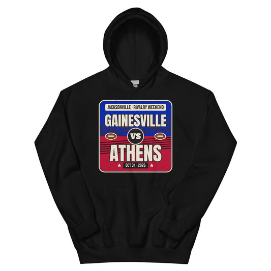 Gainesville vs. Athens Jacksonville Rivalry 2026 Unisex Hoodie in black, design printed on the front, front view